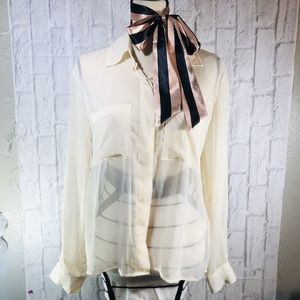 Oversized White Sheer Silk Chiffon Button Up Shirt